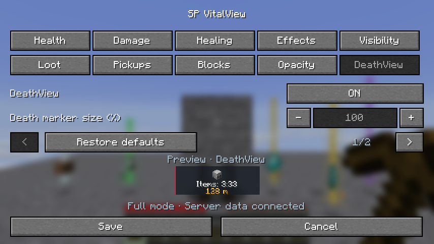 DeathView settings and contextual preview