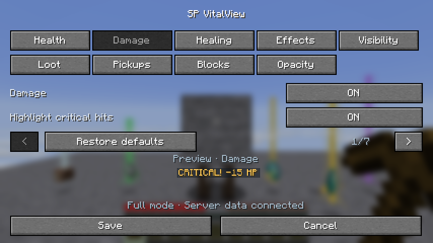 Damage settings with a matching critical-hit preview