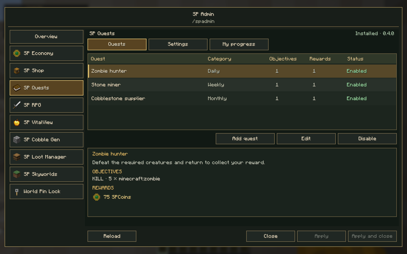 SP Admin showing installed modules and the quest catalog