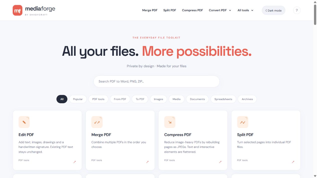 Media Forge home screen with a searchable directory of PDF, image, media, document, spreadsheet and archive tools