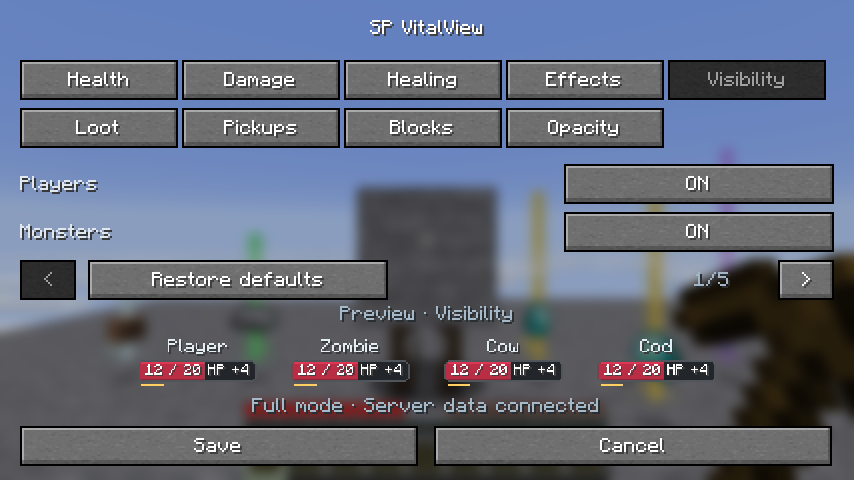 Visibility settings and entity-category preview